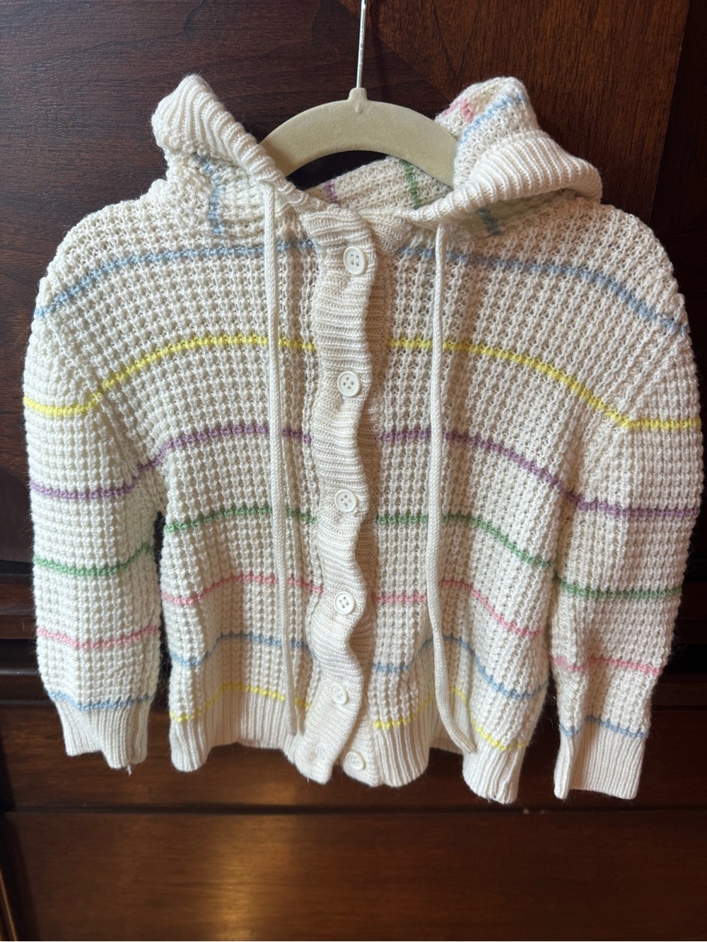 Vintage Toddler Cream Hooded Button-Up Sweater Jacket with Rainbow Stripes 2T